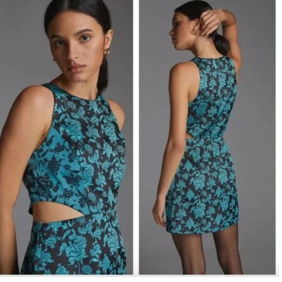 NWT Anthropologie Hutch Floral Jacquard Cut-Out Mini Dress Teal Black Floral 10 - Picture 3 of 4